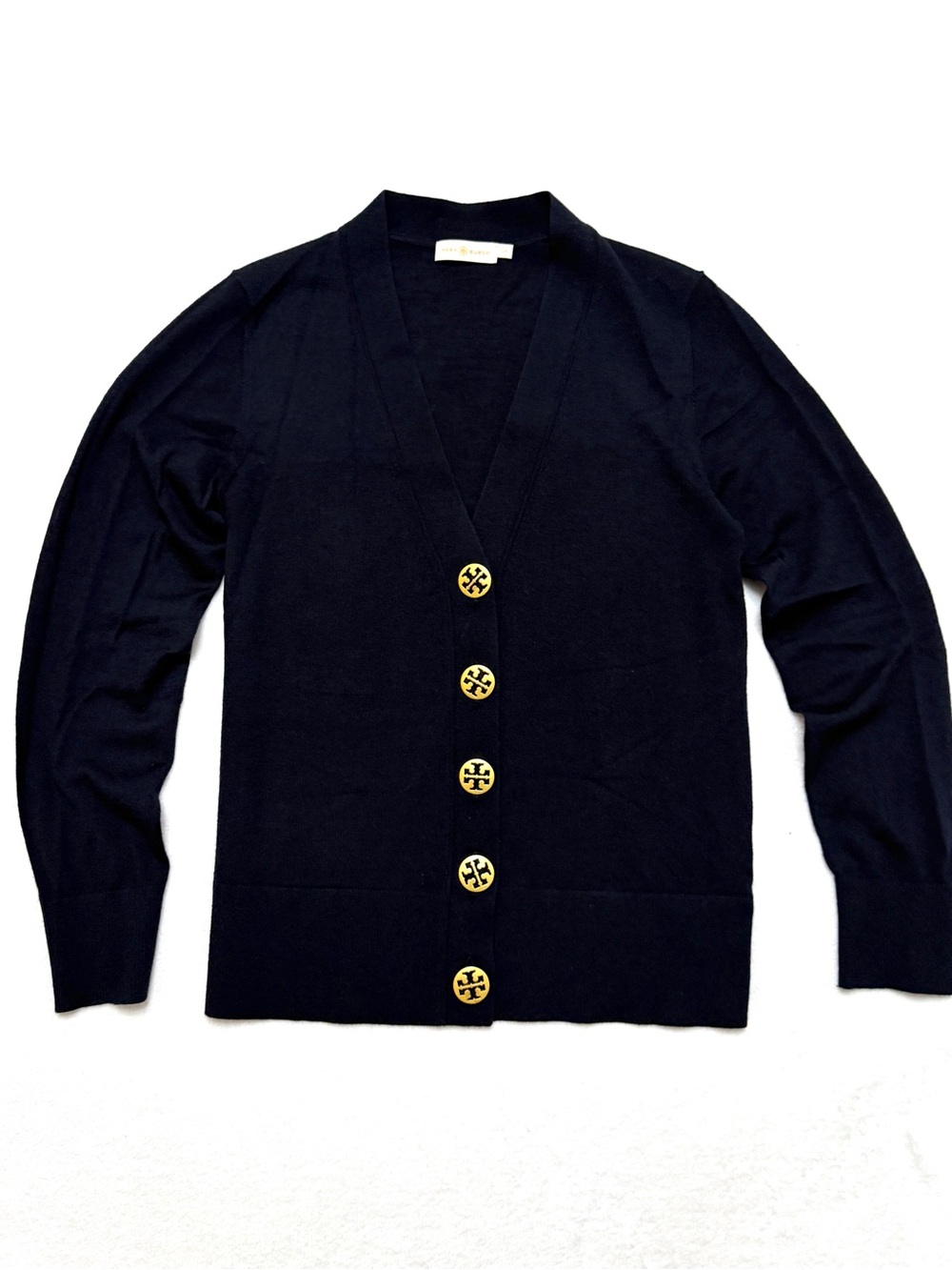 Tory Burch sz L Cardigan Sweater Merino Wool Gold Logo Buttons Dark Navy Blue - Picture 3 of 8